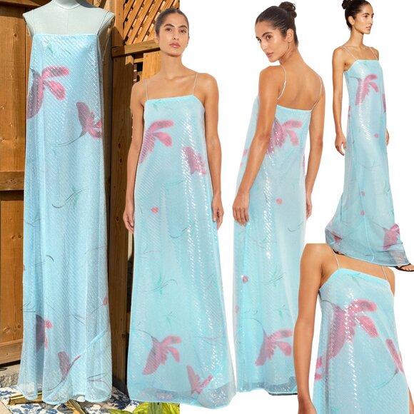 🆕 RAT & BOA 🧿 NWOT Marisol Blue Floral Printed Sequin Shimmer Maxi Dress Sz L